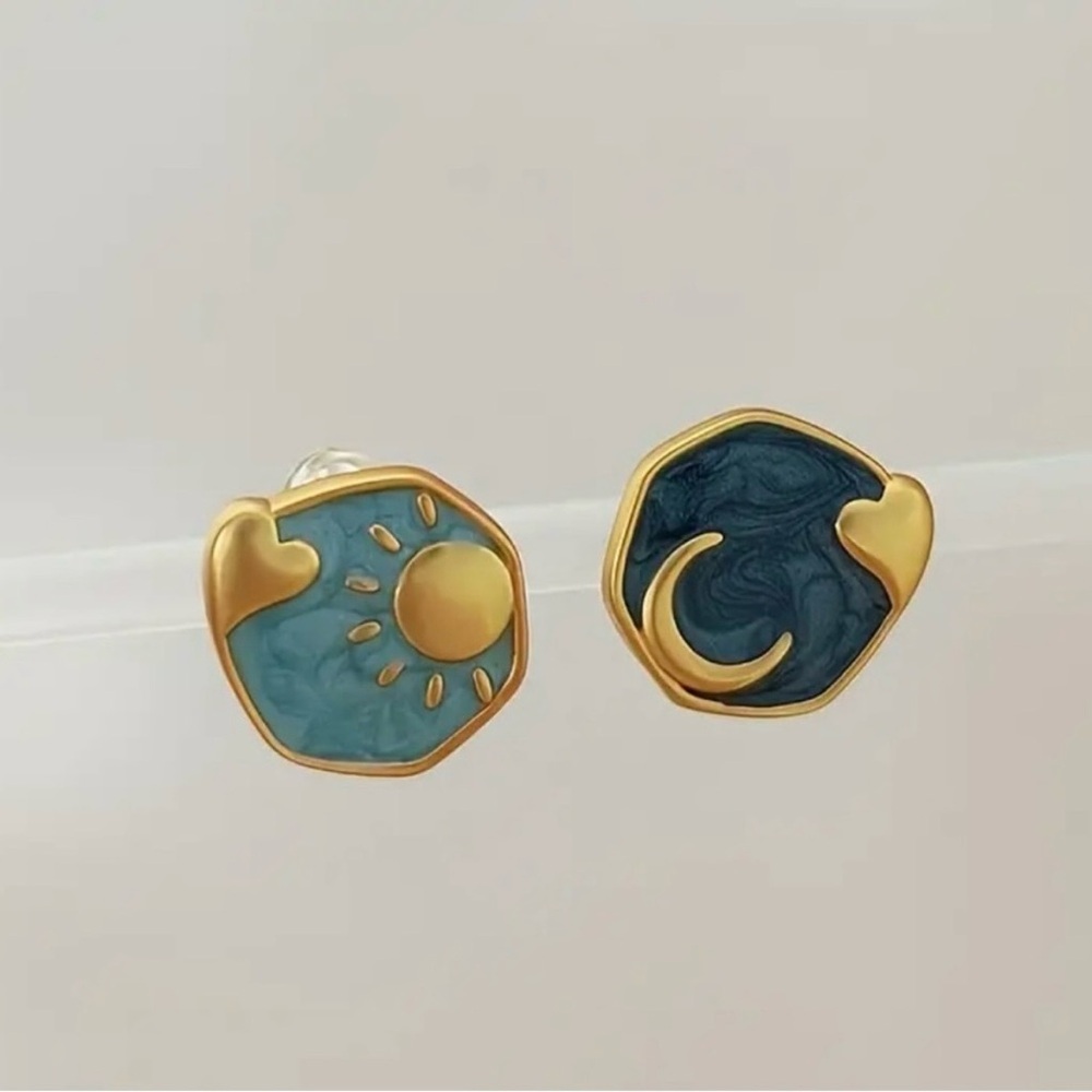 Sun and Moon Stud Earrings In Blue and Gold